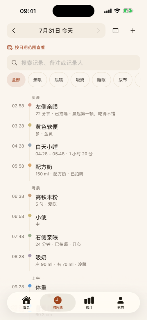 时间线:一天的记录按时间排列